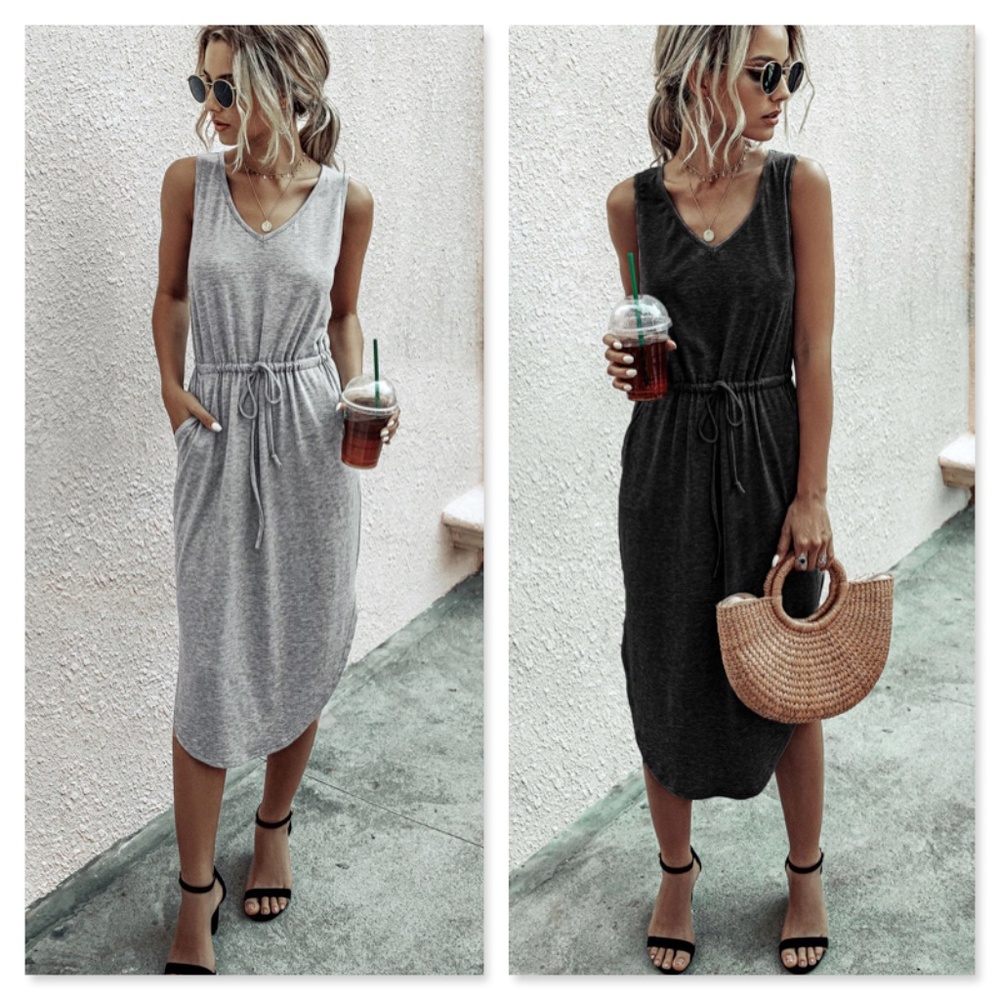 Army Green Drawstring Waist Midi Casual Dress - Picture 12 of 12